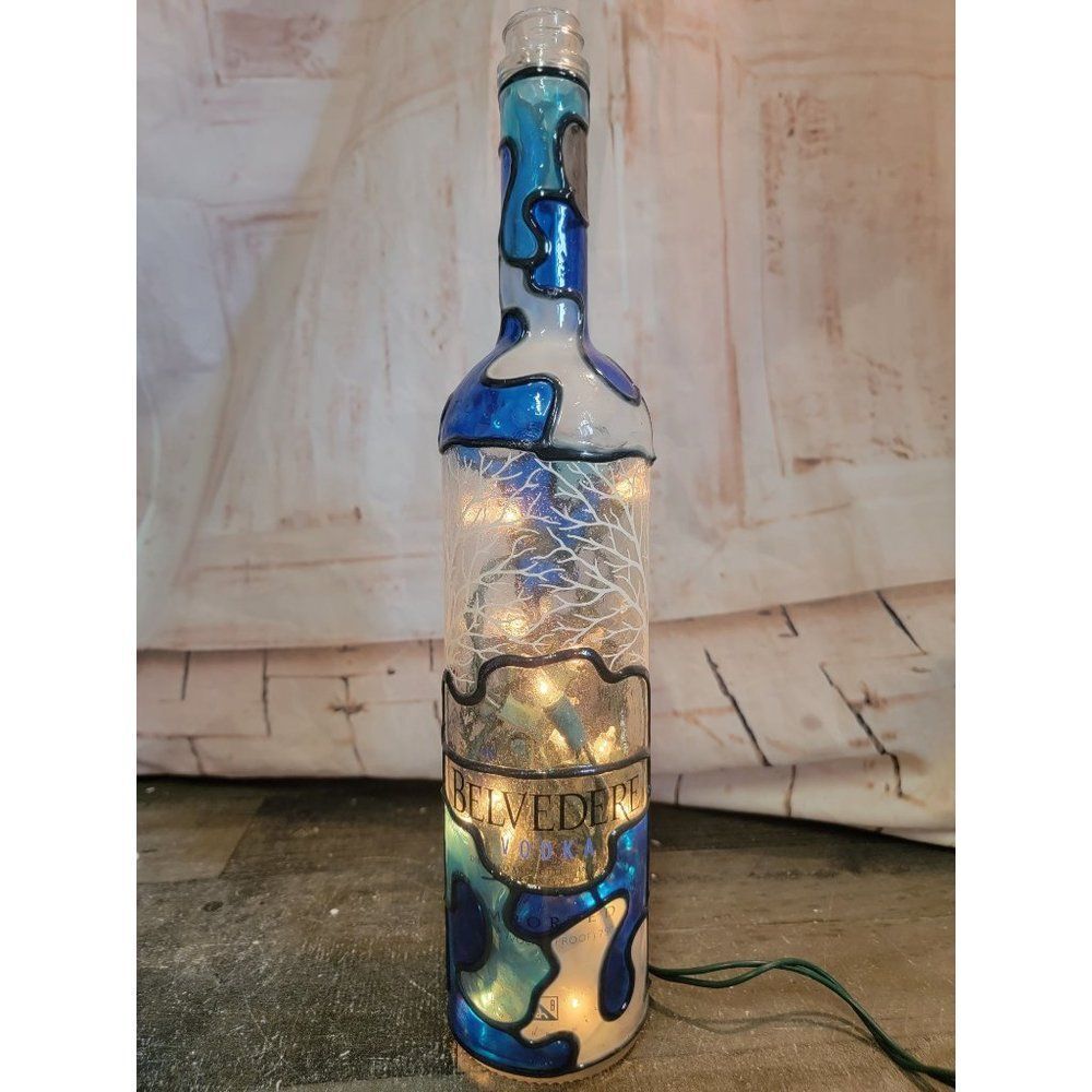 Glitter lighted glass bottle blue home decor tree